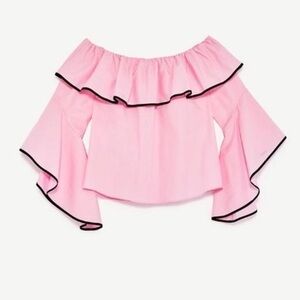 Zara pink off the shoulder blouse with black trim